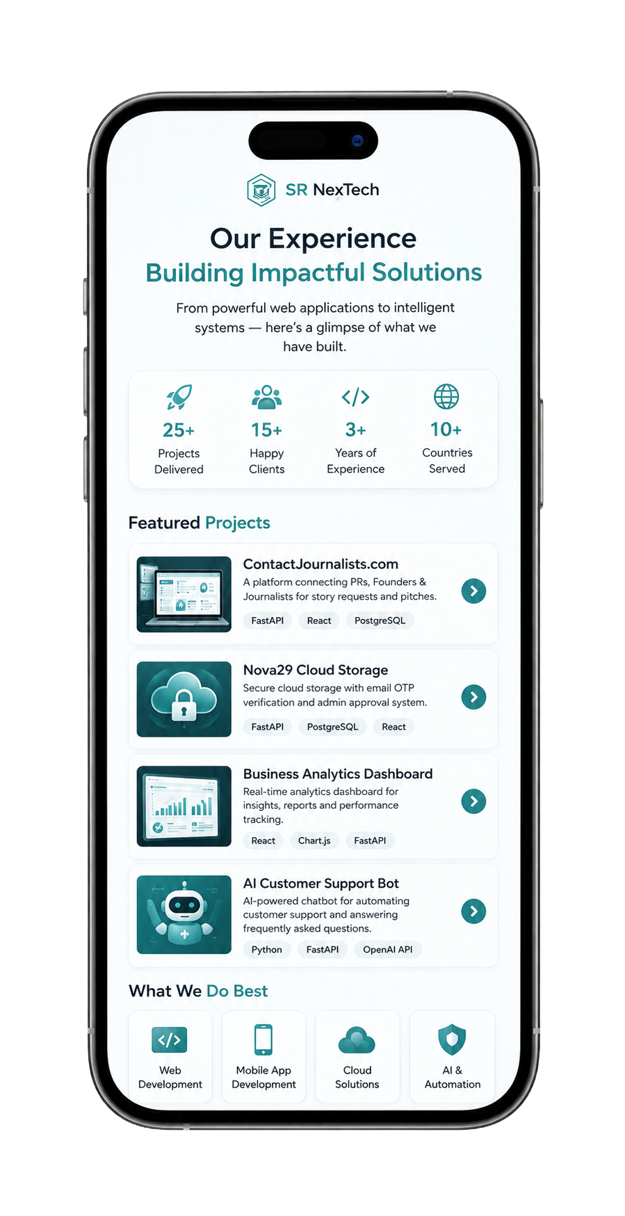 SR NexTech experience, featured digital projects and software services showcase