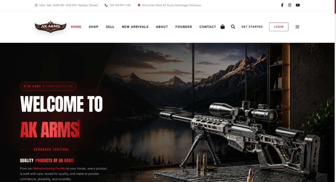 AK Arms homepage storefront with the Welcome to AK Arms hero and tactical product showcase, developed by SR NexTech