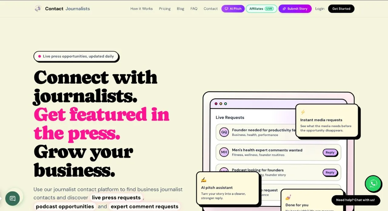 Contact Journalists homepage interface showing the headline Connect with journalists and a preview of live media requests, designed and developed by SR NexTech