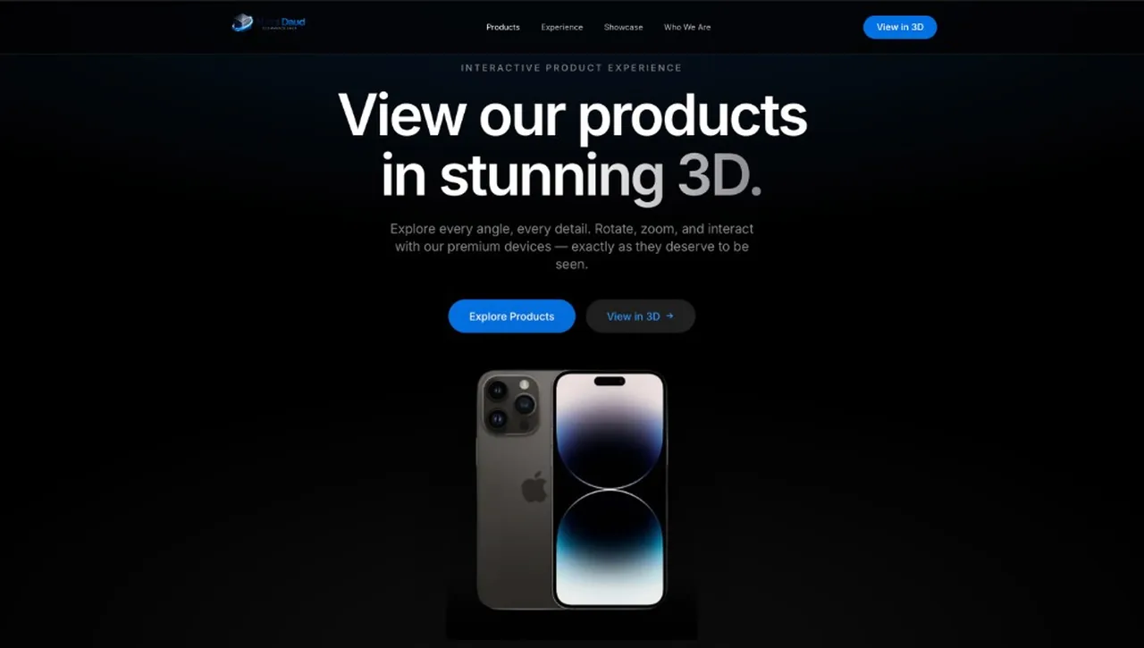 Mirza Daud homepage with the View our products in stunning 3D hero and an interactive mobile phone model, built by SR NexTech